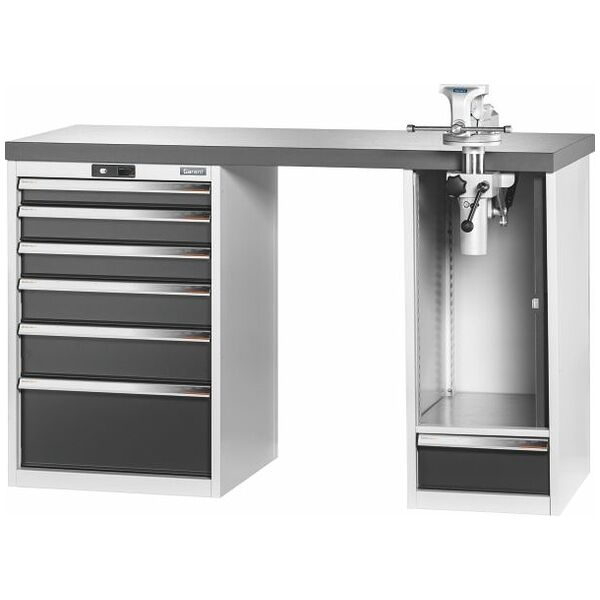 Vario workbench with 2 drawer casings, swing-away and height adjustment unit, height 950 mm, Eluplan worktop, dark 1500/6+1T mm