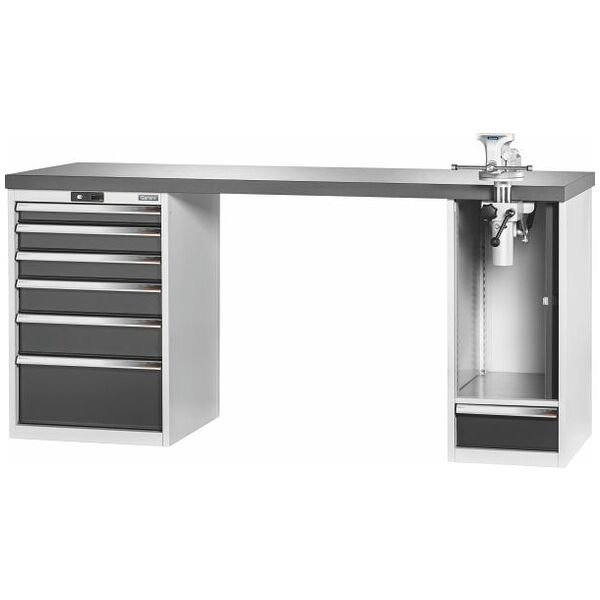 Vario workbench with 2 drawer casings, swing-away and height adjustment unit, height 950 mm, Eluplan worktop, dark 2000/6+1T mm