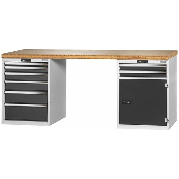 Vario workbench with 2 drawer casings 24G, height 850 mm, Bamboo worktop 2000/6+2T mm