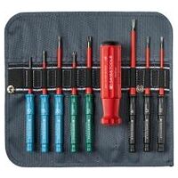 Set with interchangeable VDE Slim blades in a roll-up case, for slotted, PZ/slotted and Torx® screws, VDE tested, safe for work up to 1000 Volt AC or 1500 Volt DC, with blade diameter tapered towards the tip, for deep-set screws and spring terminals