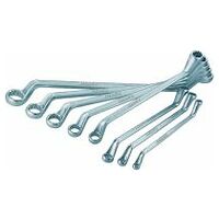 Double-ended ring spanner set, deeply cranked  chrome-plated