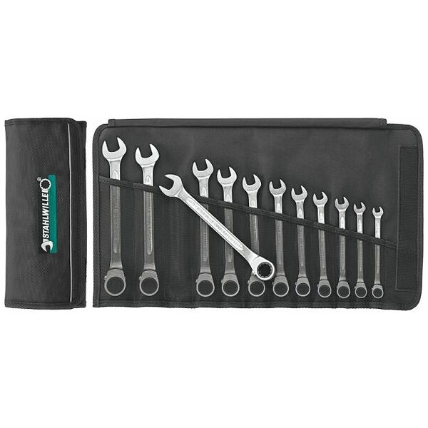 Open ended spanner / ratchet ring spanner set, in a tool roll reversible, 15° offset 12