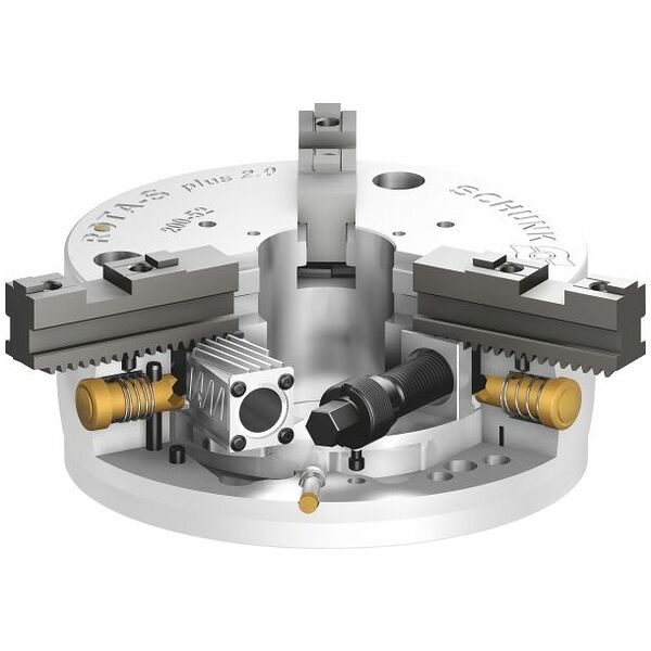 ROTA-S-plus 2.0 self-centring three-jaw chuck with base and hard top jaws DIN 702-4