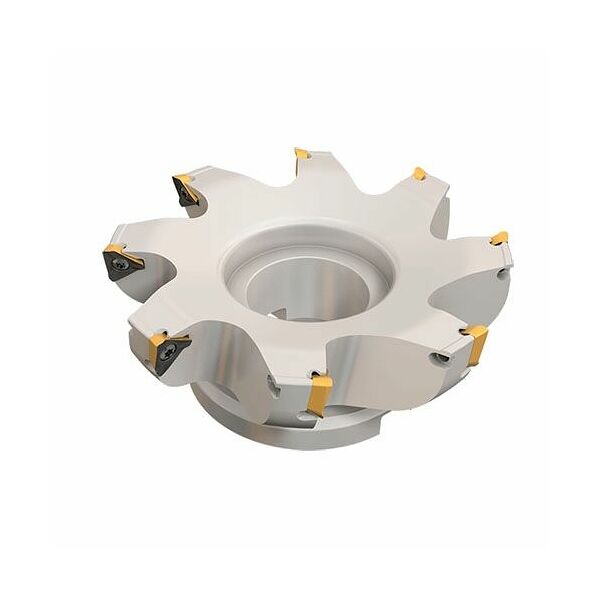 HM390 FTD D100-6-31.75-15 90° Face Mills Carrying HM390 TDKT 1505 Triangular Inserts with 3 Helical Cutting Edges