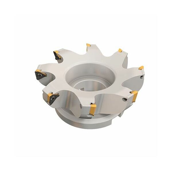 HM390 FTD D2.00-4-.75-15 90° Face Mills Carrying HM390 TDKT 1505 Triangular Inserts with 3 Helical Cutting Edges