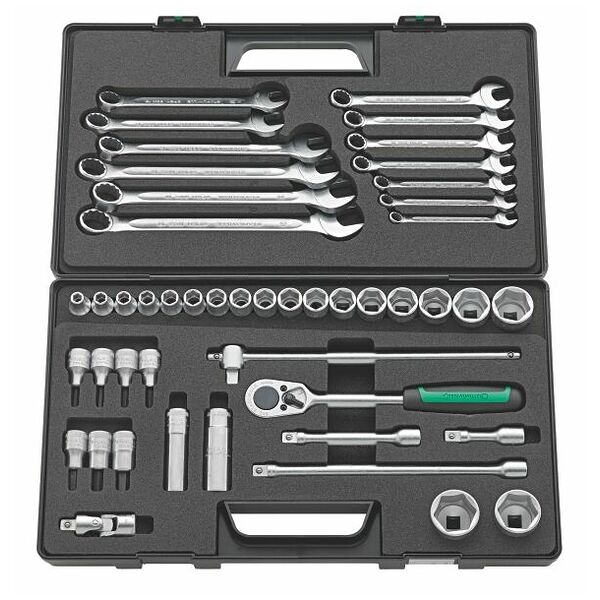Socket set and combination spanners, 1/2 inch square drive 47 pieces