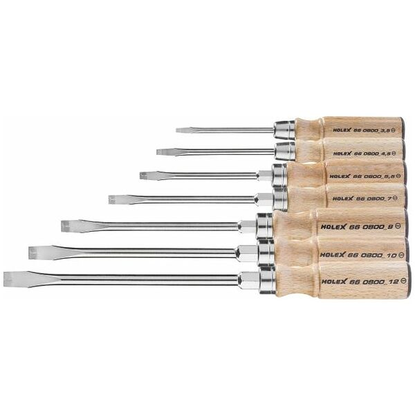 Screwdriver set for slot-head, with wooden handle  7