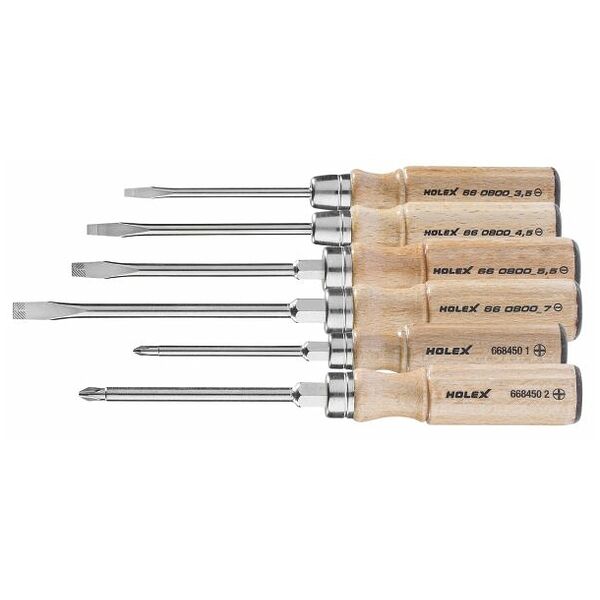 Screwdriver set, with wooden handle, 6 pieces For slot-head and Phillips 4/2