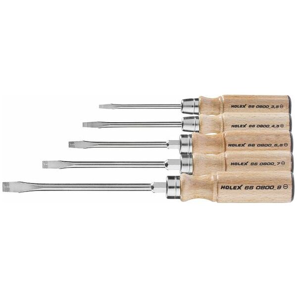 Screwdriver set for slot-head, with wooden handle