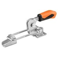 Horizontal clamping fixture with orange handle and safety lock