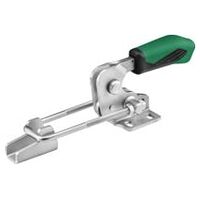 Horizontal toggle clamp with green handle and safety lock