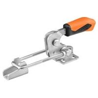 Horizontal clamping fixture with orange handle and safety lock