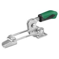 Horizontal toggle clamp with green handle and safety lock