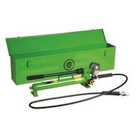 Handpumpe mit Schlauch, Manometer, Metallkiste
