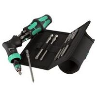 Single-handed magazine ratchet with 1/4 inch bits in a textile belt holder, Type: 1