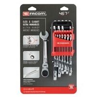 Flex-head ratchet wrench set, 12 pieces (7 to 19 mm), in holder