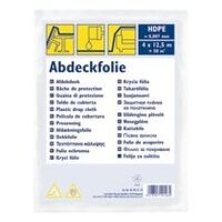 Film de couverture 7 μ, PEHD. Bâche légère pour recouvrir les meubles et objets lors de simples opérations de rénovation. Exempt de particules solubles pour éviter la contamination du substrat à protéger et de la zone environnante. 4 x 12,5 m