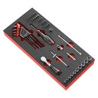 Module en mousse avec cliquet réversible 1/4″ R.181, clés à douille et accessoires 6 pans, 47 pièces