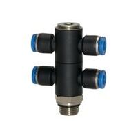 Distributore multiplo a T «Serie blu», quadruplo, girevole, G 1/8 esterno Ø4 mm